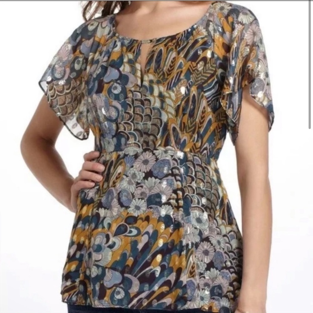 Anthropologie HD in Paris Women’s Metallic Keyhole Flowy Peplum Blouse Floral‎ 8